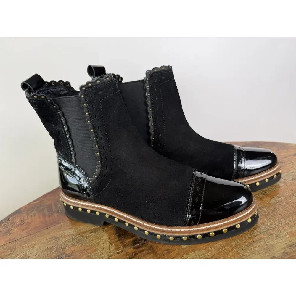 Free People Black Suede Chelsea Ankle Boots Patent Cap Toe Studded EU 38 US 7.5